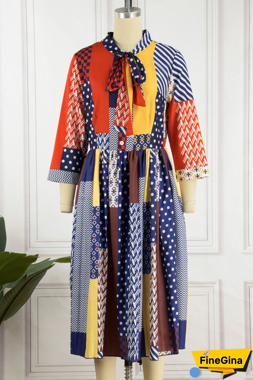 Blue Casual Elegant Print Patchwork Fold Ribbon Collar Straight Dresses