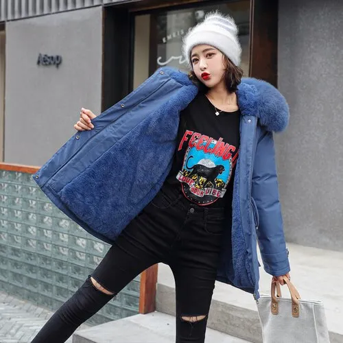 FTLZZ Large Fur Collar Hooded Jacket Winter Coat Women Thickness Cotton Padded Overcoat -30 Degree Snow Outwear Fur Lining Parka