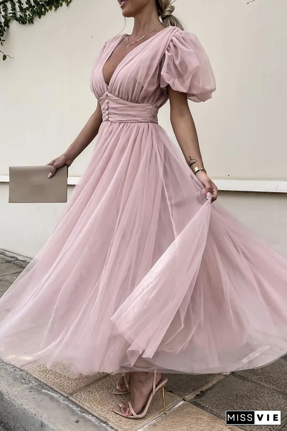 Dot V Neck Button Empire Waist Mesh Maxi Dress