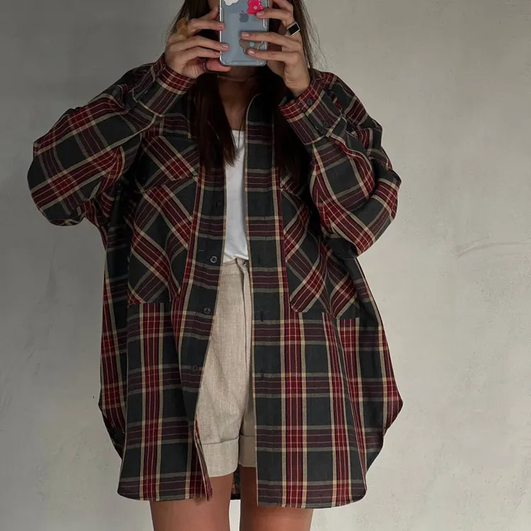 Churchf Churchf Women's Wear 2023 Fall New Vintage Plaid Shirt Boyfriend Wind Long Loose Shirt Coat