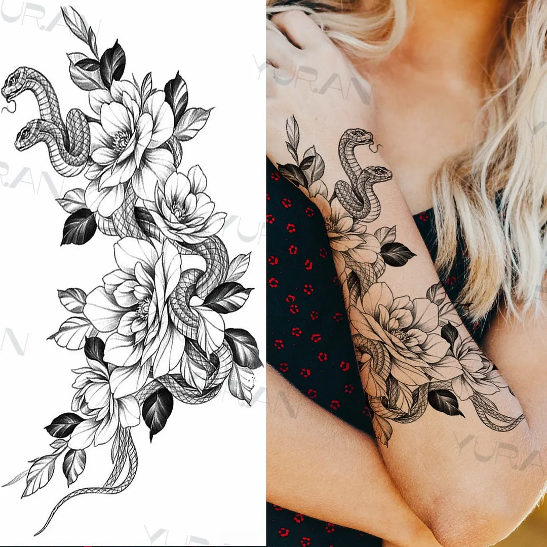 Black Large Snake Flower Fake Tattoo Sticker For Women Dot Rose Peony Temporary Tattoos DIY Water Transfer Tatoos Girls 530