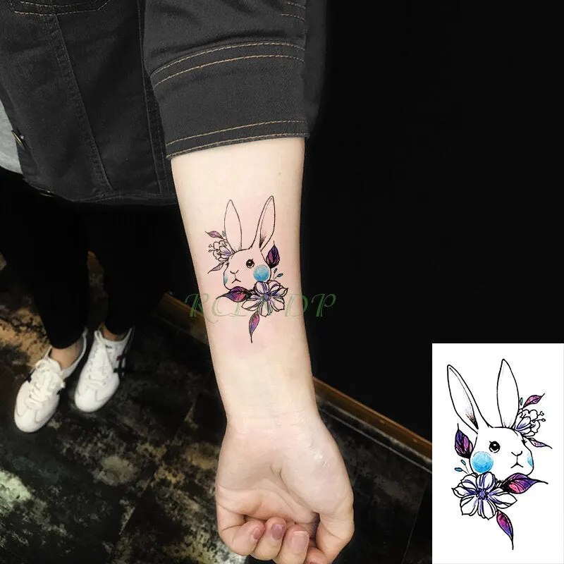 Water Transfer fake flsh tattoo cute cartoon gray rabbit Waterproof Temporary Tattoo sticker for adults kids 10.5*6 cm