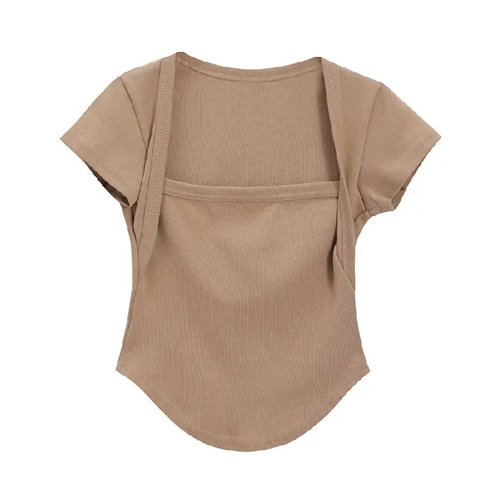 Brownm Brownm Square Collar Short-Sleeved T-Shirt Women's Summer 2024 New Hot Girls Pure Desire Slim Design Sense Top Bottom Shirt