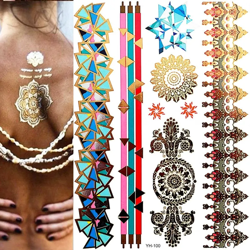Temporary Tattoos Gold Silver Metallic Tattoo Arm Body Tattoo Cool Bracelet Style Girl DIY Golden Flash Tattoos
