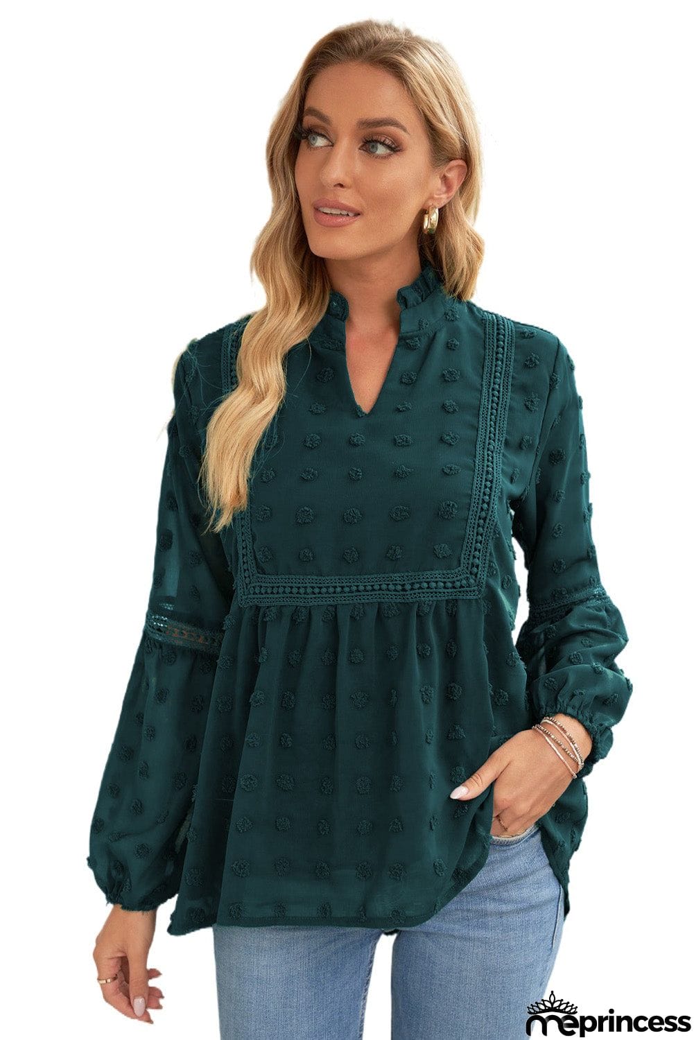 Ruffled Split Neck Lace Hollow Out Puff Sleeve Polka Dot Blouse