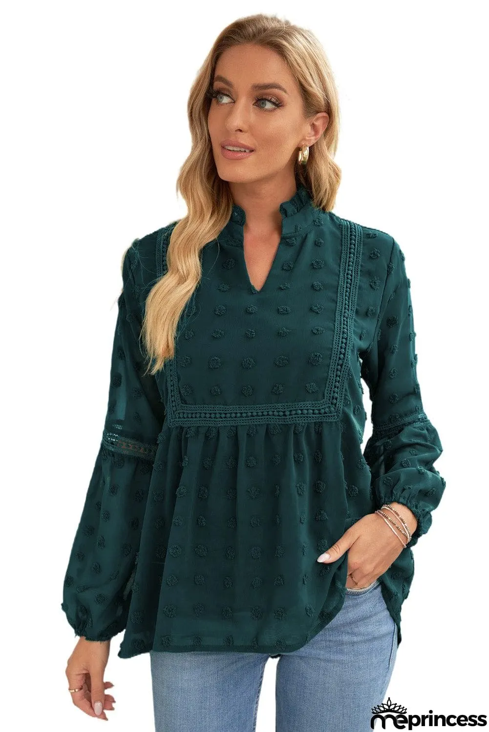 Ruffled Split Neck Lace Hollow Out Puff Sleeve Polka Dot Blouse