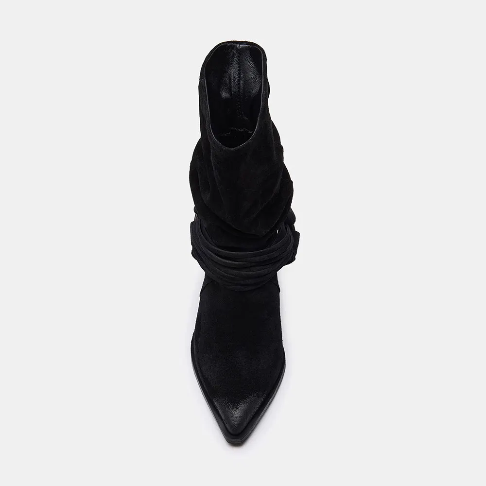Classic Black Pointed Toe Chunky Heel Buckle Short Boots for Women