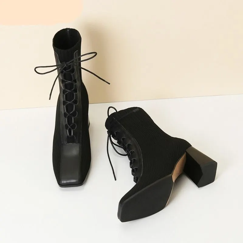 miaoguan 2021 Autumn Winter New Fashion Stitching Knitted Elastic Stockings Boots High-heeled Short Boots Women's Square Toe 39