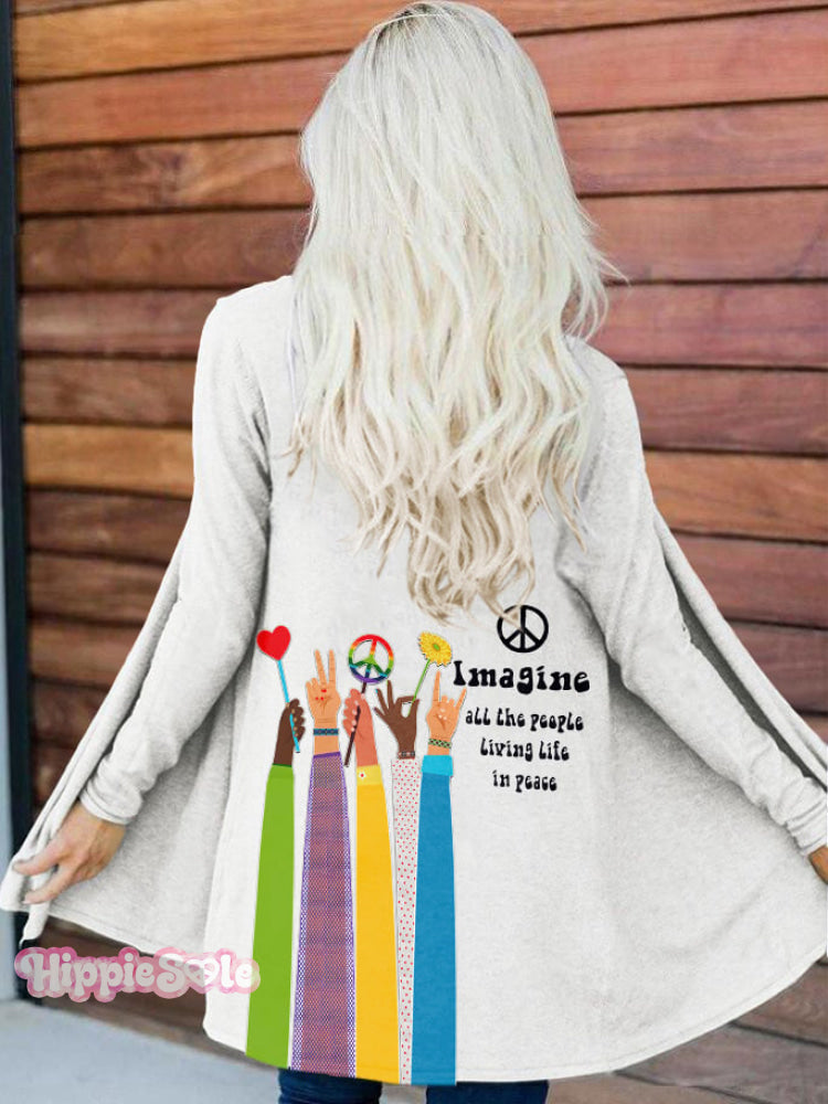 Retro Hippie Imagine All The People Living Life In Peace Print Cardigan White / S