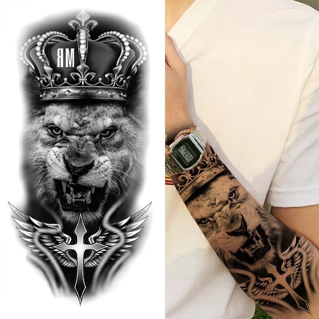 Sdrawing Lion Flower Temporary Tattoos For Women Men Kids Boy Black Tiger Skeleton Tattoo Sticker Fake Compass Tatoos Half Sleeve