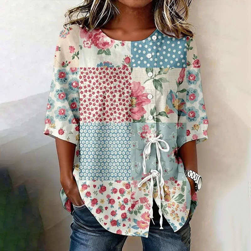 Women's Retro Floral Button Lace Up Tie Shirt elevenforest