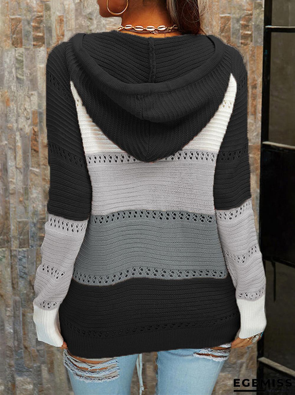 Cardigan Strap Long Sleeve Contrast Color Stitching Sweater | EGEMISS