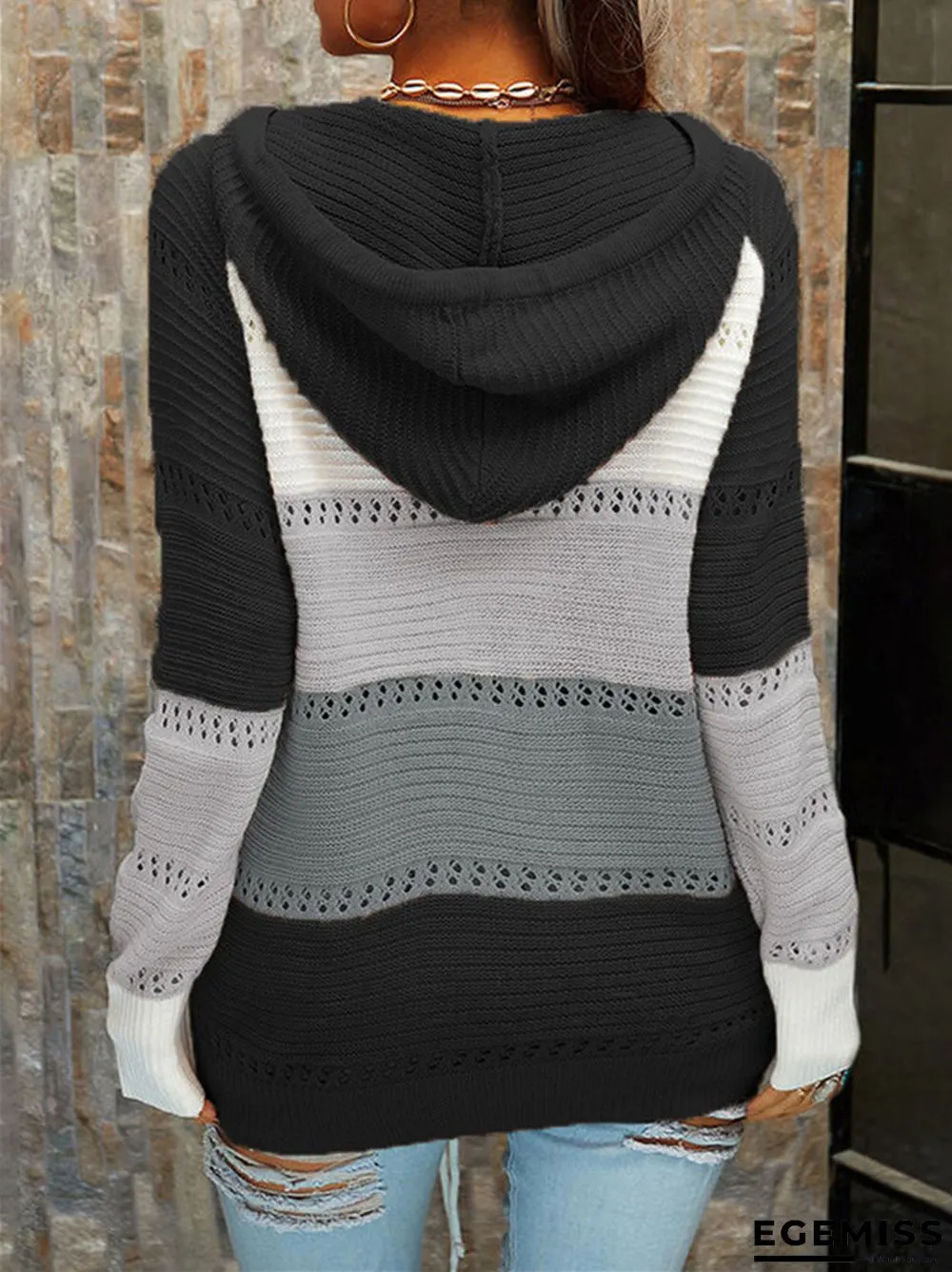 Cardigan Strap Long Sleeve Contrast Color Stitching Sweater | EGEMISS