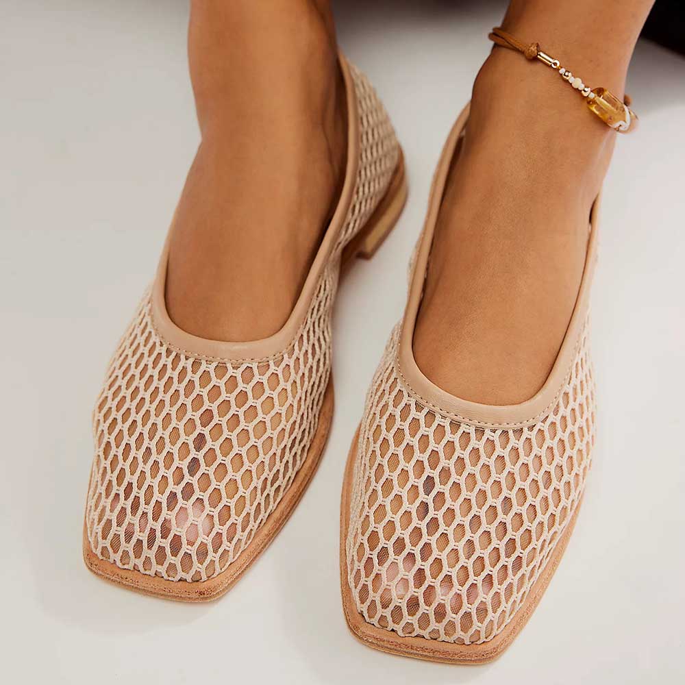 Beige Mesh Upper Slip-On Flat Shoes for Women with Square Toe Nicepairs