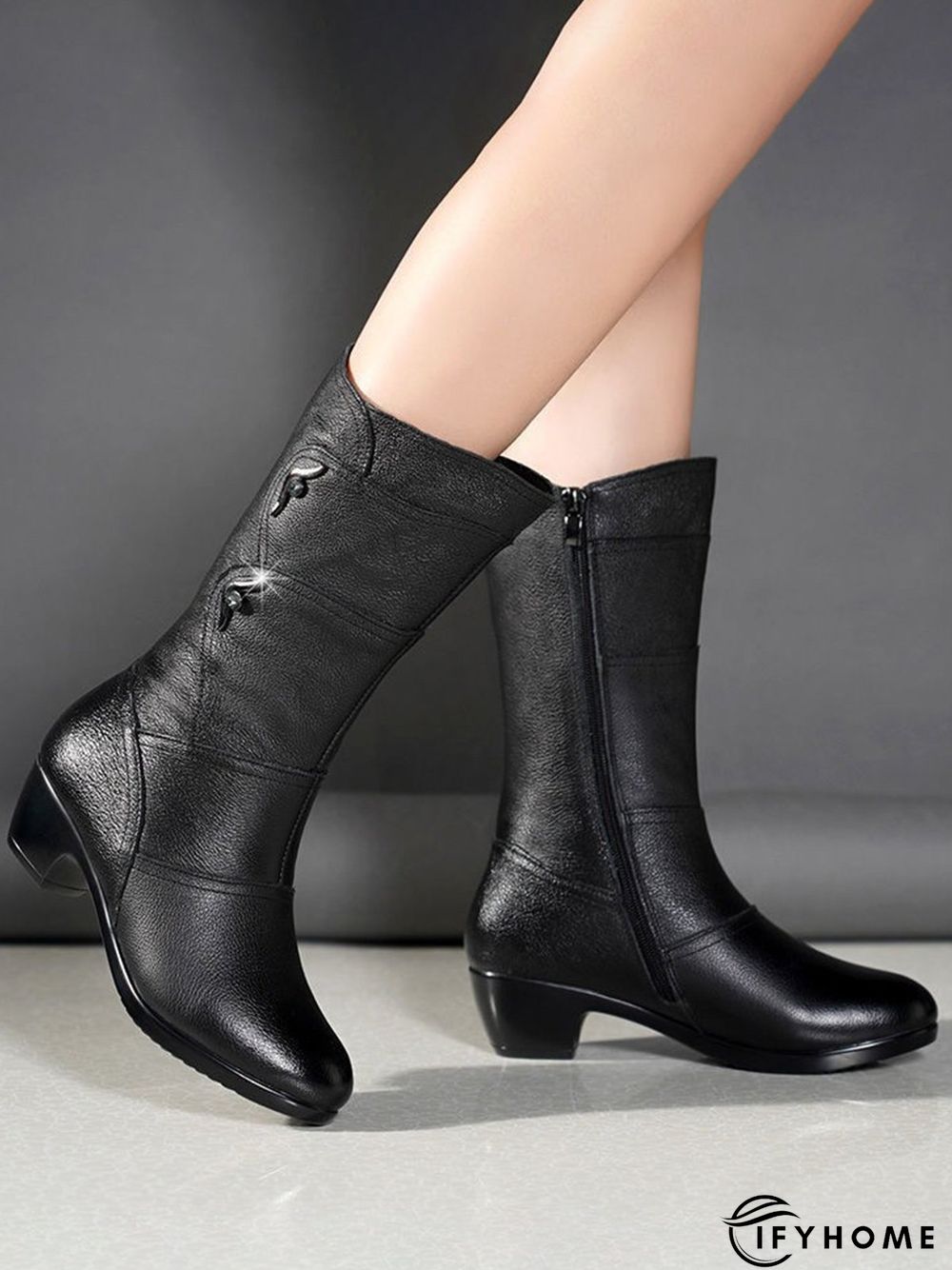 Black Rhinestone Metal Plush Warm Thick Heel Boots | IFYHOME