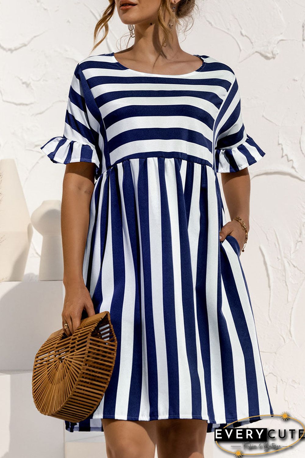 Fashion Casual Striped Split Joint O Neck A Line Dresses