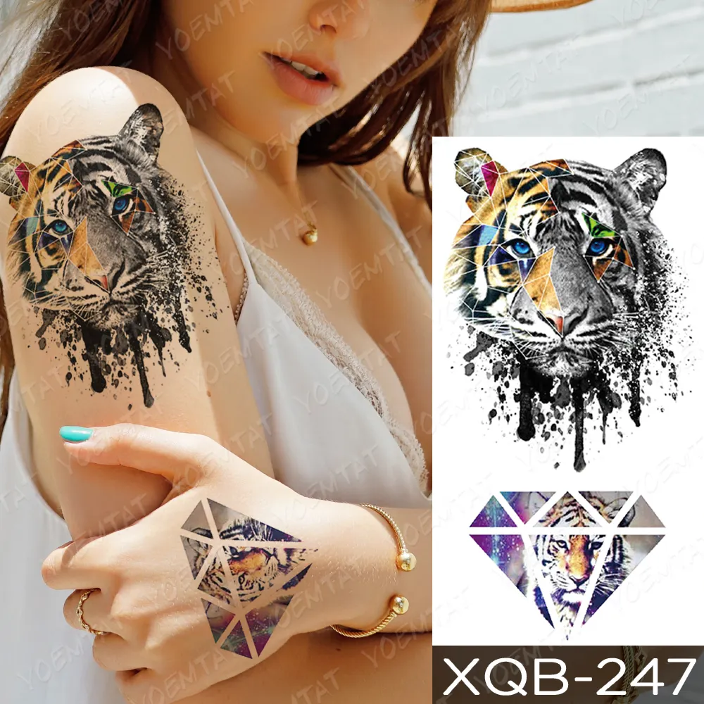 Sdrawing Temporary Tattoo Stickers Fox Lion Tiger Wolf Peony Rose Flowers Leaf Flash Tatto Women Men Body Art Arm Fake Tattoos