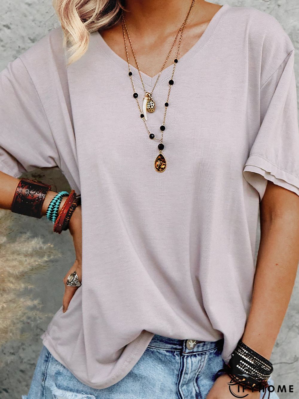Cotton Holiday Short Sleeve V Neck T-shirt | IFYHOME