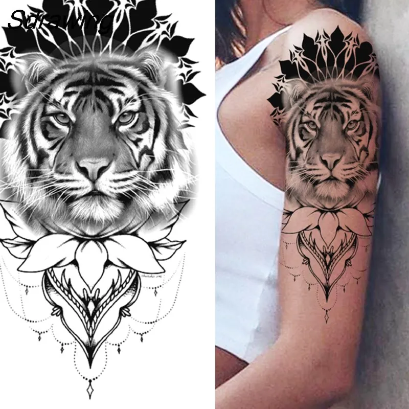 Sdrawing Tiger Temporary Tattoos For Men Women Kids Lion Skull Cross Tattoo Sticker Black Compass Skeleton Tatoos Leg Thigh 328-0