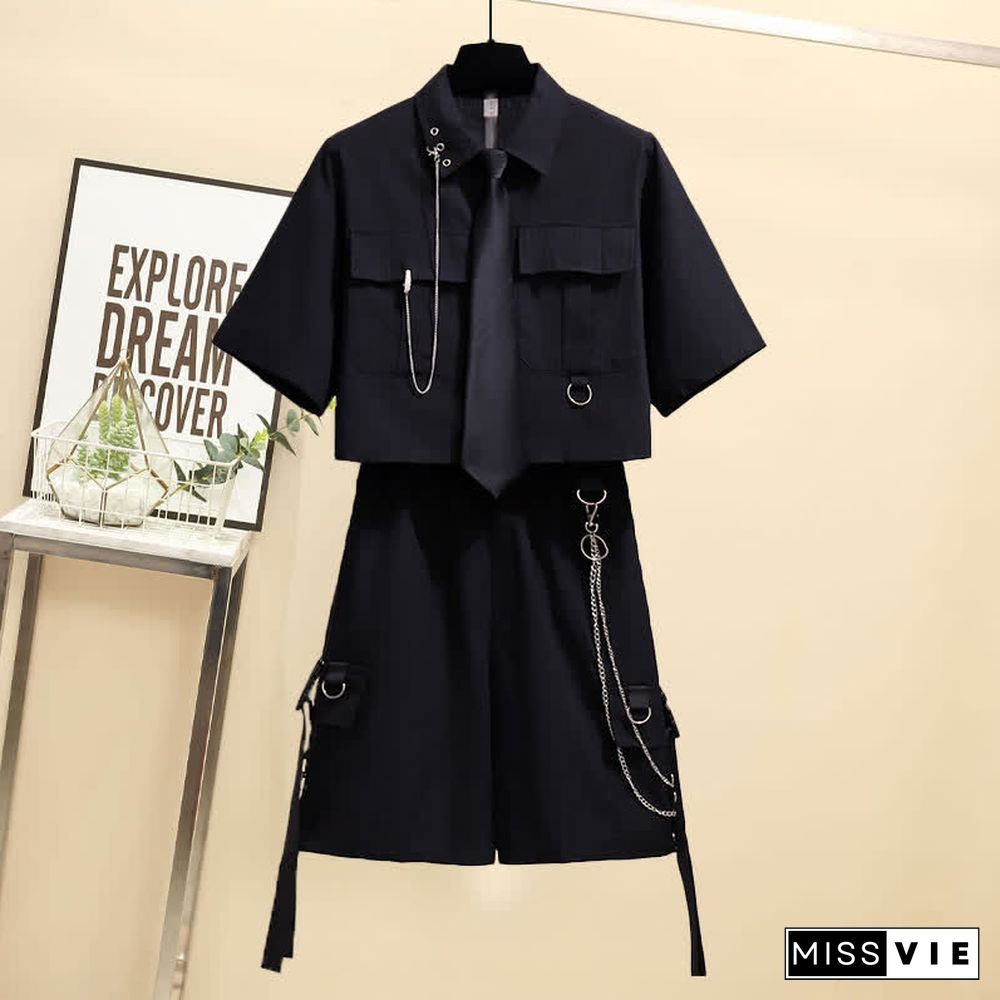 Chic Pocket Lapel Tie T-Shirt Casual Chain Cargo Shorts Pants