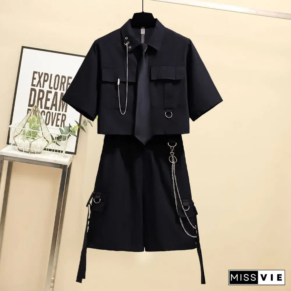 Chic Pocket Lapel Tie T-Shirt Casual Chain Cargo Shorts Pants