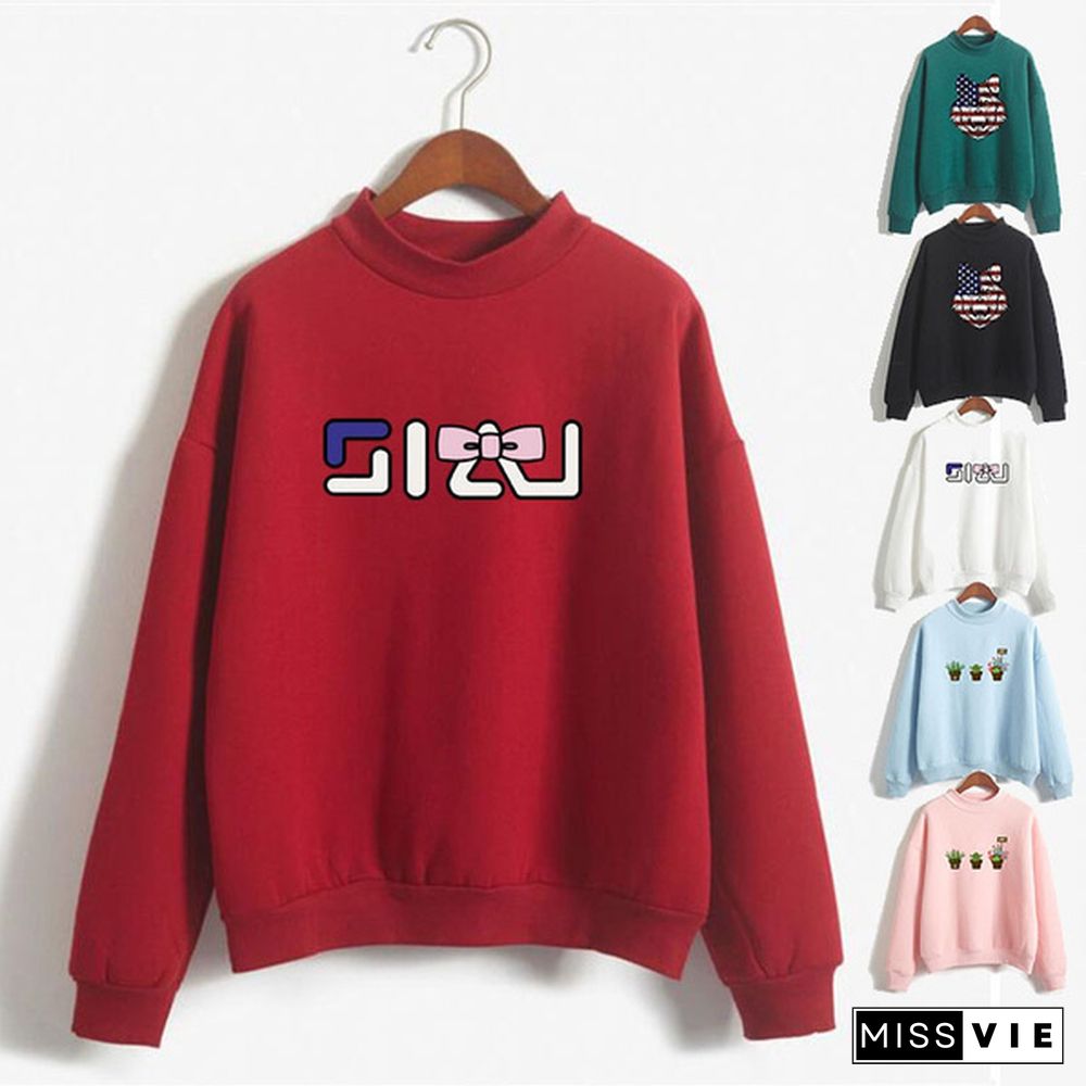 Women's Fashion Print Short Casual Pullover Loose Middle Collar Sweater