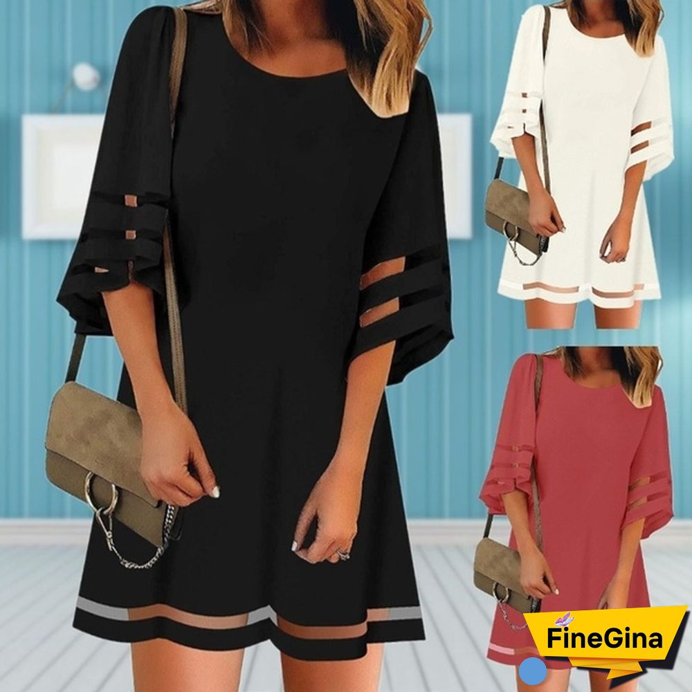 NEW summer Womens Short Sleeves Round Neck Flared Sleeves Casual Dresses Solid Color Patchwork Hollow-out Loose Mini Dresses Short Dresses Plus Size