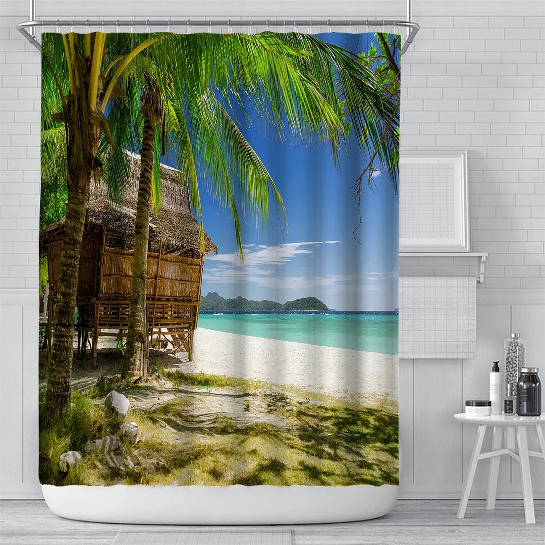 3D Seascape Beach Printed Fabric Shower Curtains Bathroom Curtain Bath Screen Waterproof Products Home Decor with Hooks