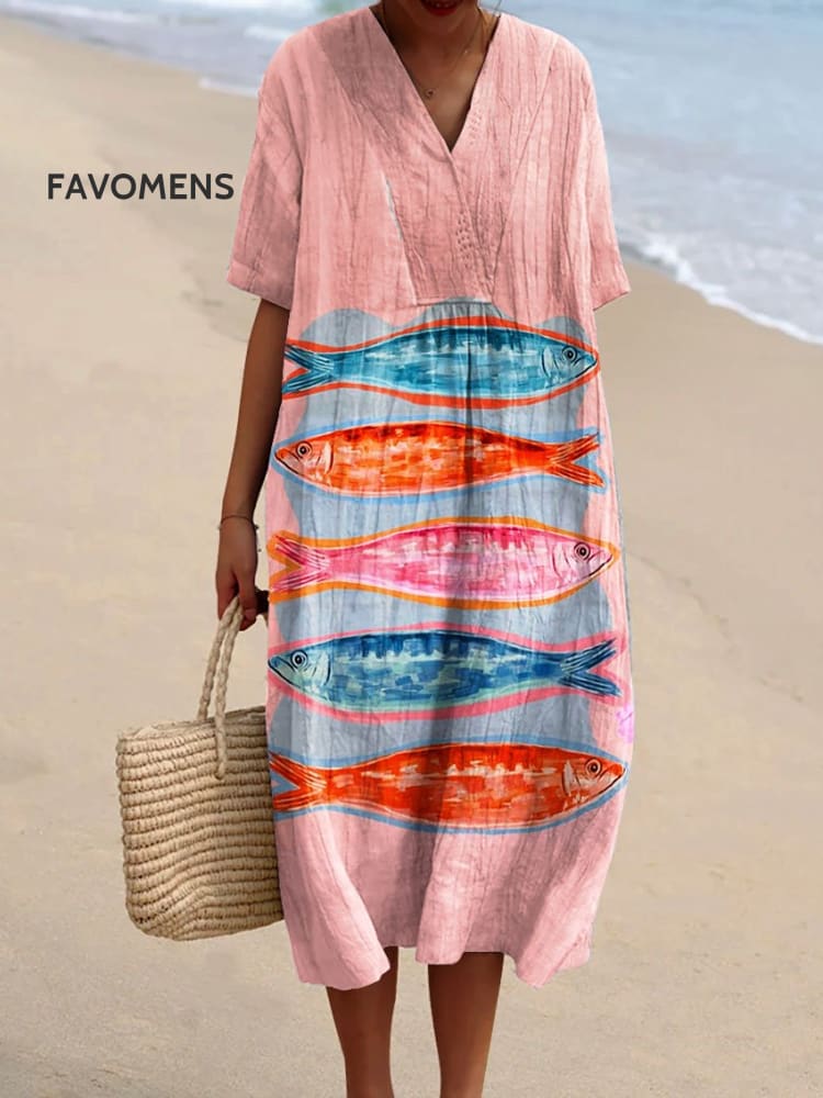 Women&rsquo;s Vintage Fish Art Print Flowy Dress Multicolor / S