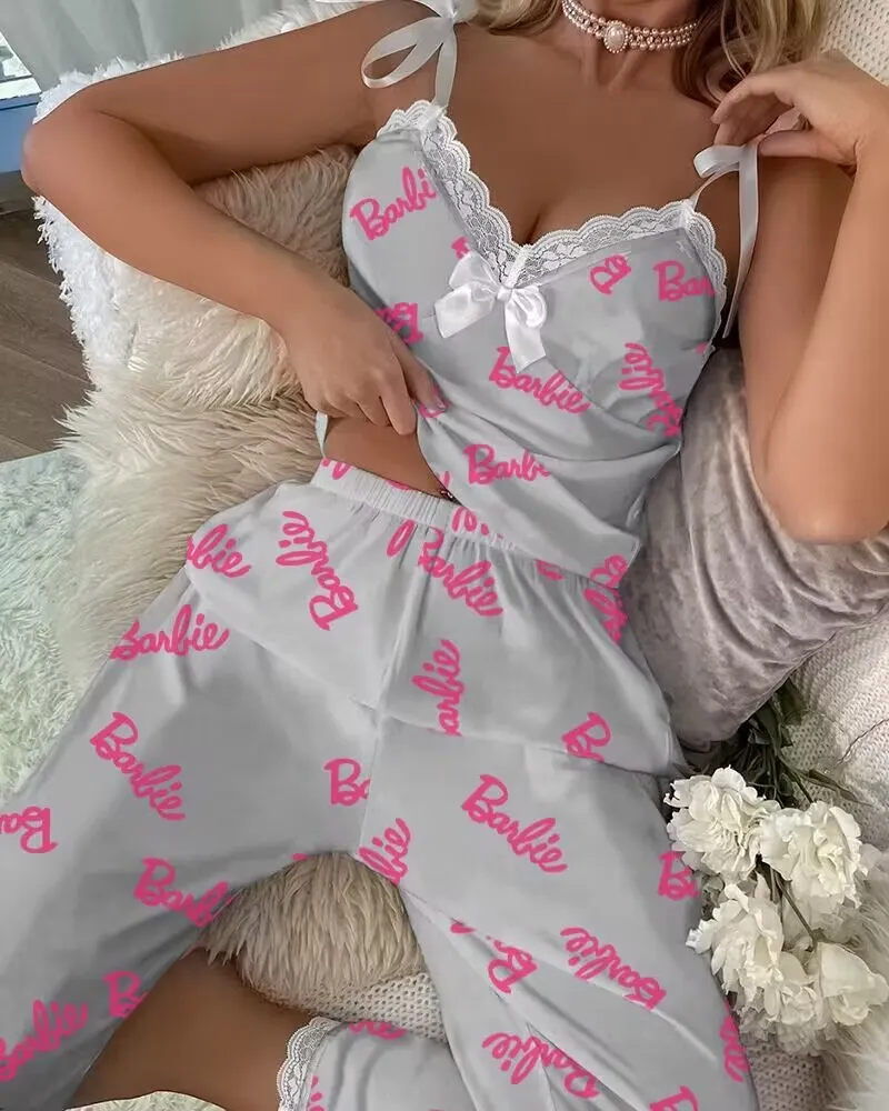 Churchf Summer New Sexy Sling Lace Pyjamas Women Summer Printing Leisure Can Wear Home Clothes Trousers Set