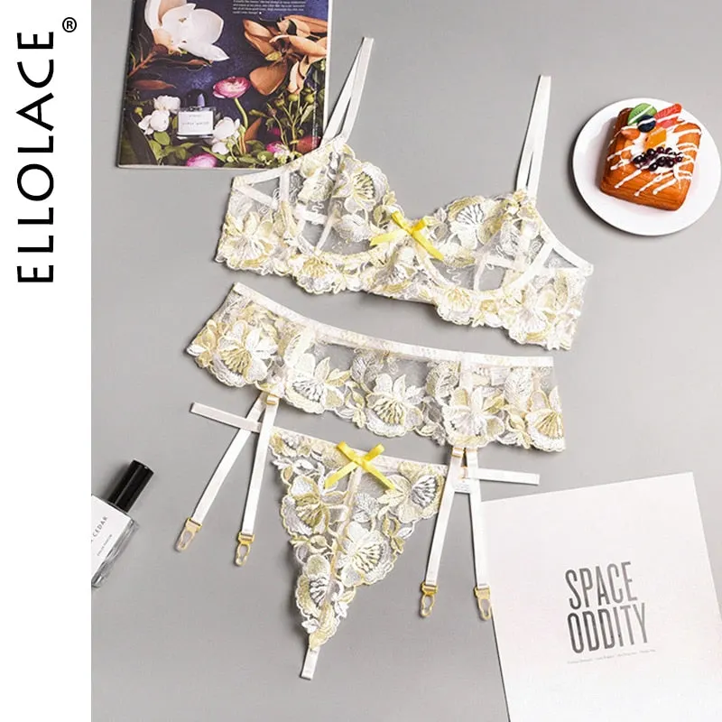 Ellolace Beautiful Erotic Sensual Lingerie Woman Floral Lace Transparent Bra And Panty Set Push up Underwire Seamless Underwear