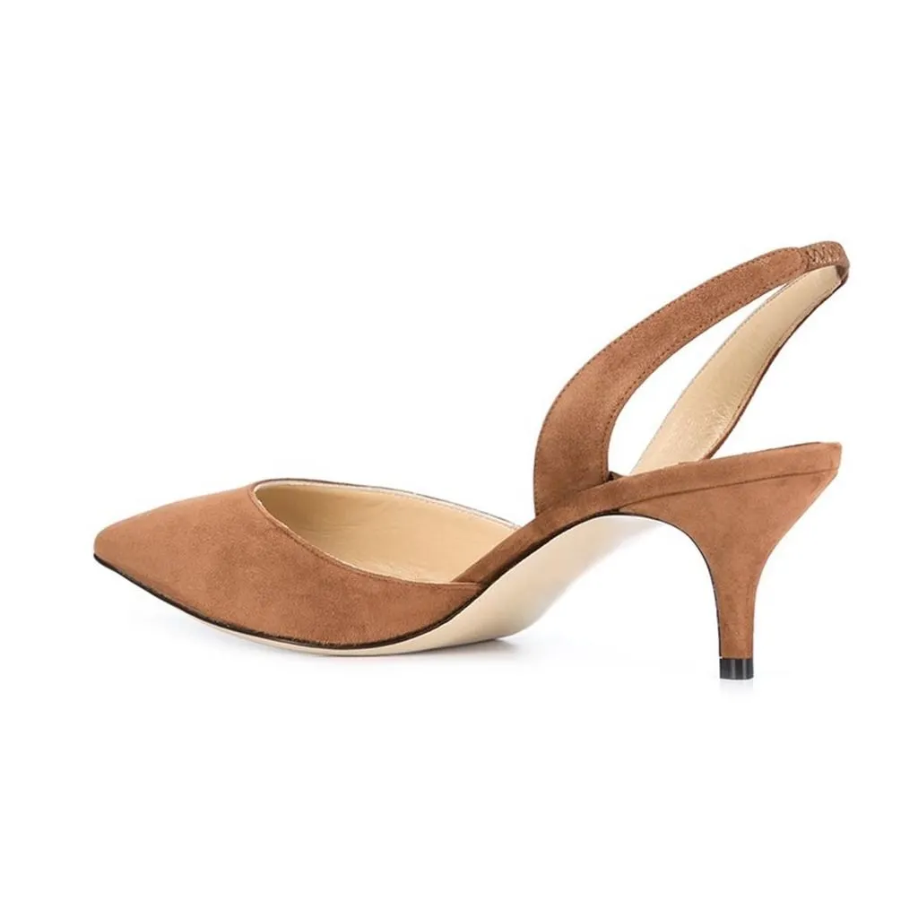 Tan Faux Suede Pointed Toe Slingback Pumps with Kitten Heels
