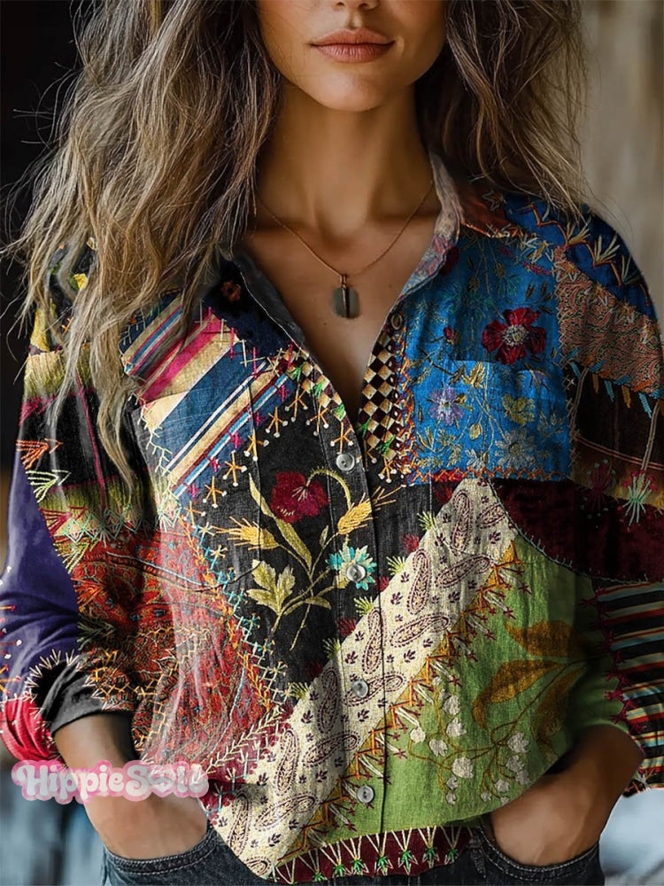 Women&rsquo;s Vintage Floral Patchwork Art Print Casual Long Sleeve Comfortable Cotton Shirt Multicolor