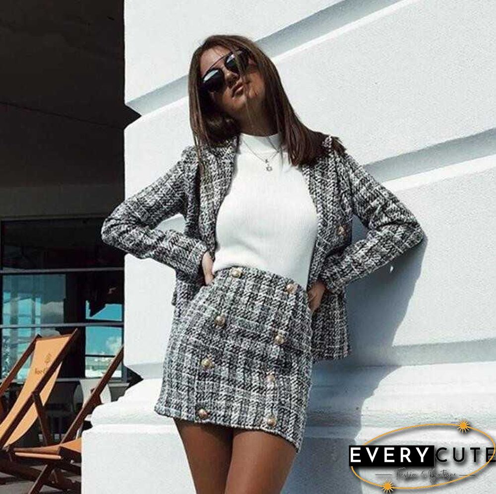 Confident Womens Tweed Blazer And Skirt Suits Plaid