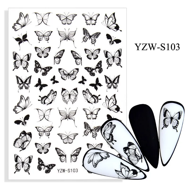 1pc Holographic Blue Nail Stickers Pink Colorful Butterfly Art Sticker With Adhesive DIY Extension Flowers Rose Nail Decoration-Nail Inspo