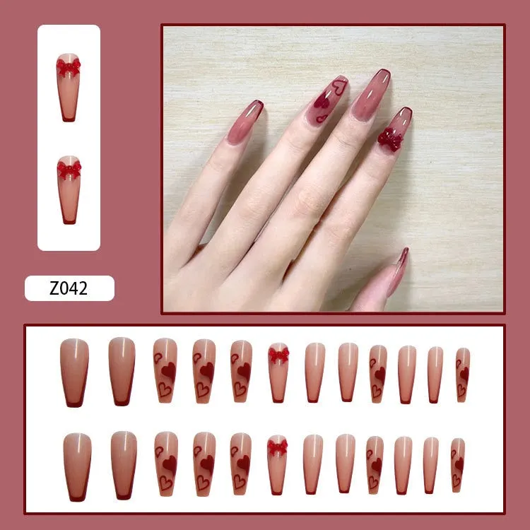 24pcs Jelly Burgundy Color Coffin Press On Nail tips With Bow Love Heart Print Full Cover Fake Nails  Wearable Nail Art Tips-Nail Inspo