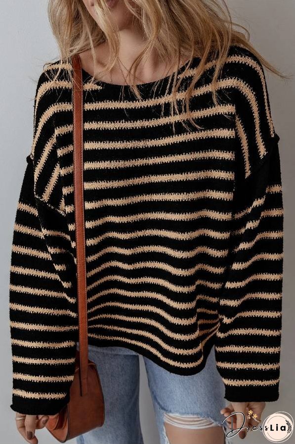 Black Stripe Drop Shoulder Round Neck Loose Sweater