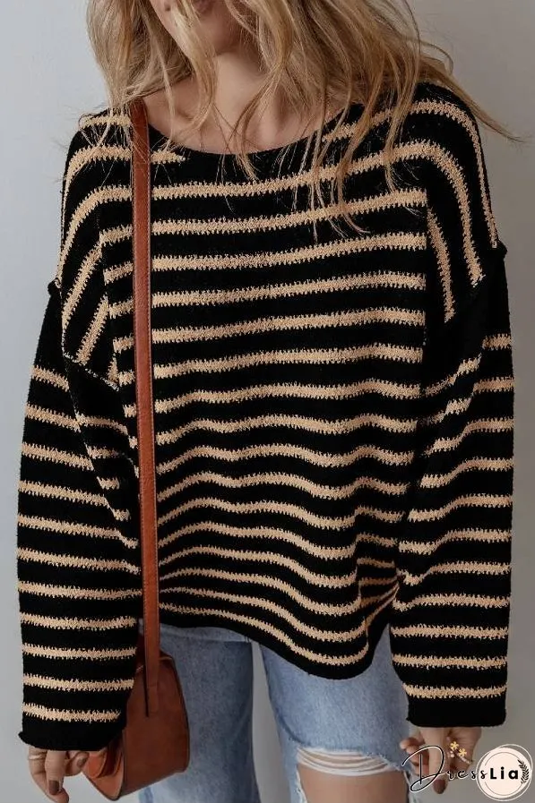 Black Stripe Drop Shoulder Round Neck Loose Sweater