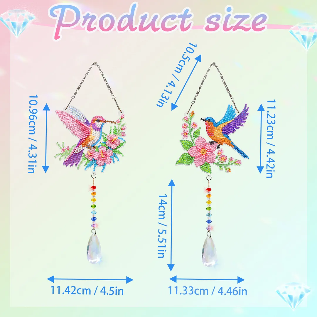 2Pcs Flowers and Hummingbirds DIY Double-Sided Diamond Painting Hanging Kits Diamond Painting Suncatcher Craft Kit for Home Garden Wall Decor Gift