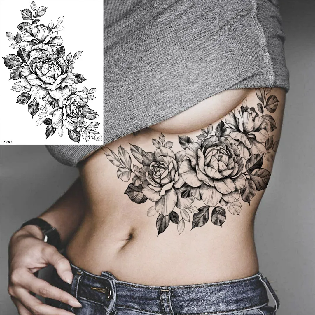 Black Rose Flower Sexy Temporary Tattoos For Women Adult Thigh Peony Skull Realistic Fake Tattoo Sexy Washable Tatoos Sticker