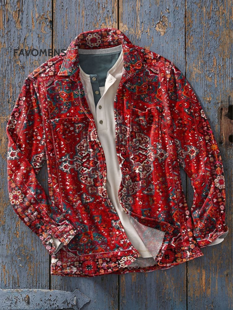 Men&rsquo;s Vintage Retro Art Print Casual Long Sleeve Shirt As Picture / S