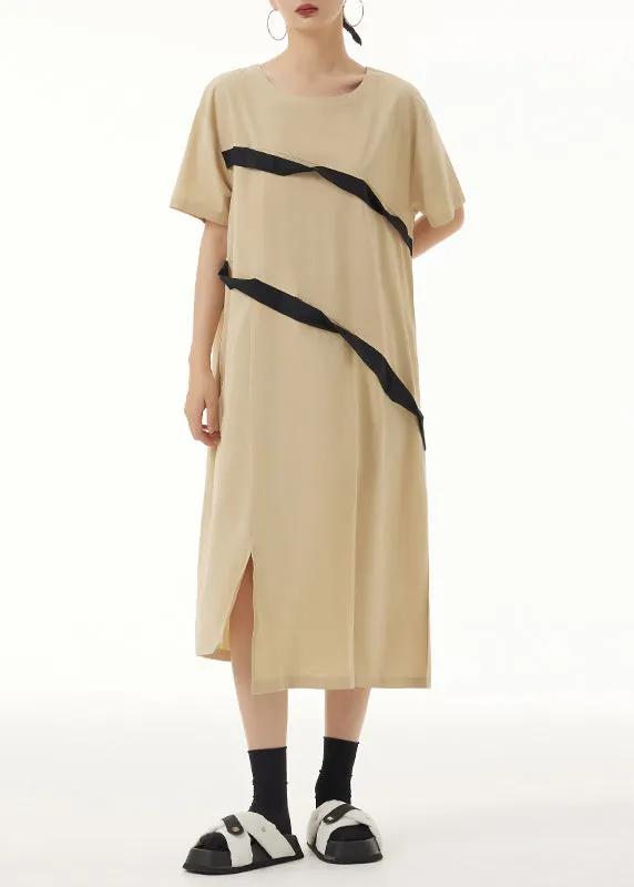 Women Khaki O Neck Front Open Patchwork Cotton Dresses Short Sleeve