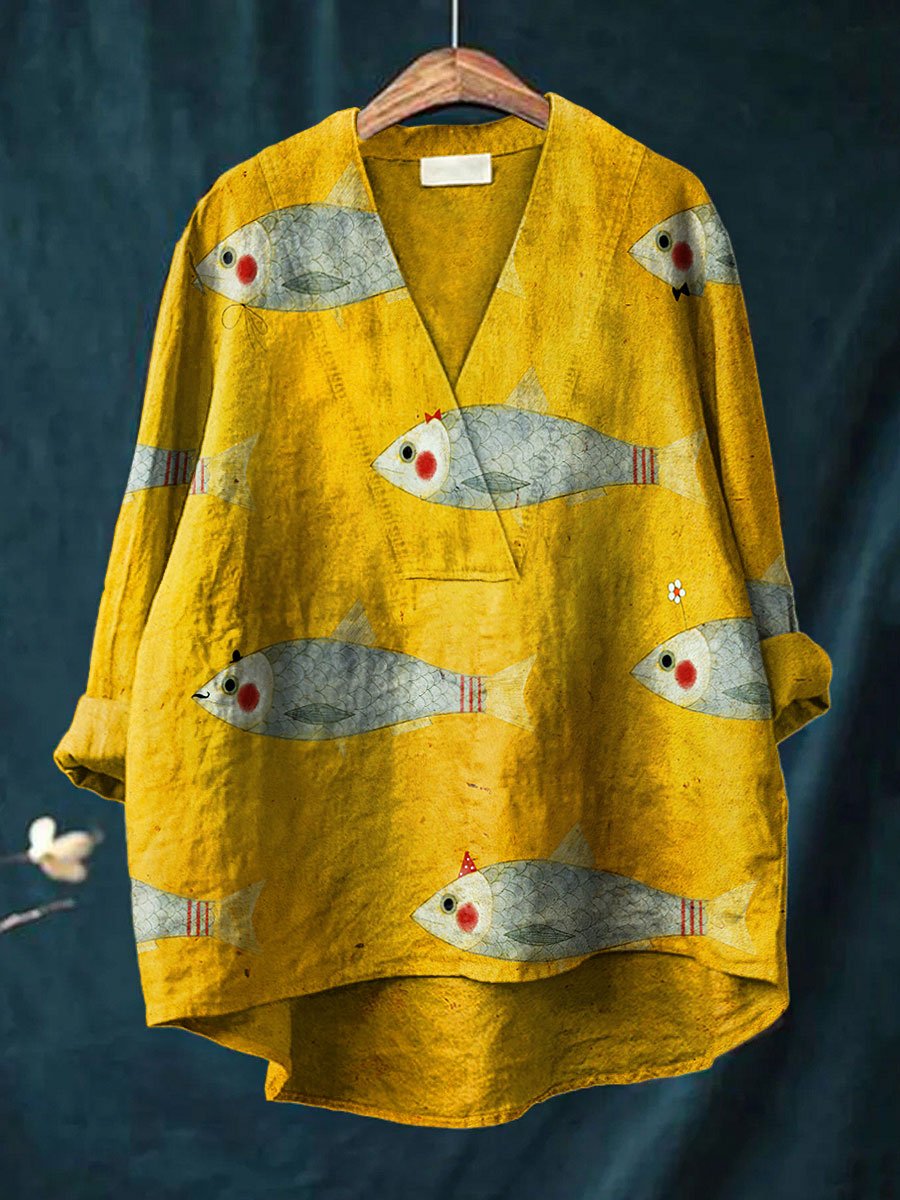 Women's Vintage Fish Art Print Casual Cotton And Linen V-neck Shirt