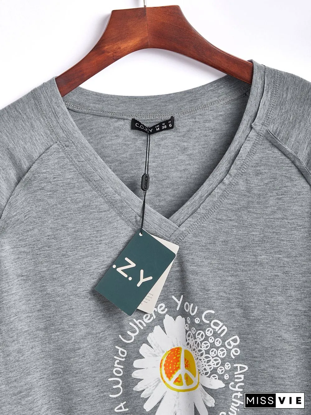 Casual V neck Long Sleeve Printed T-shirt