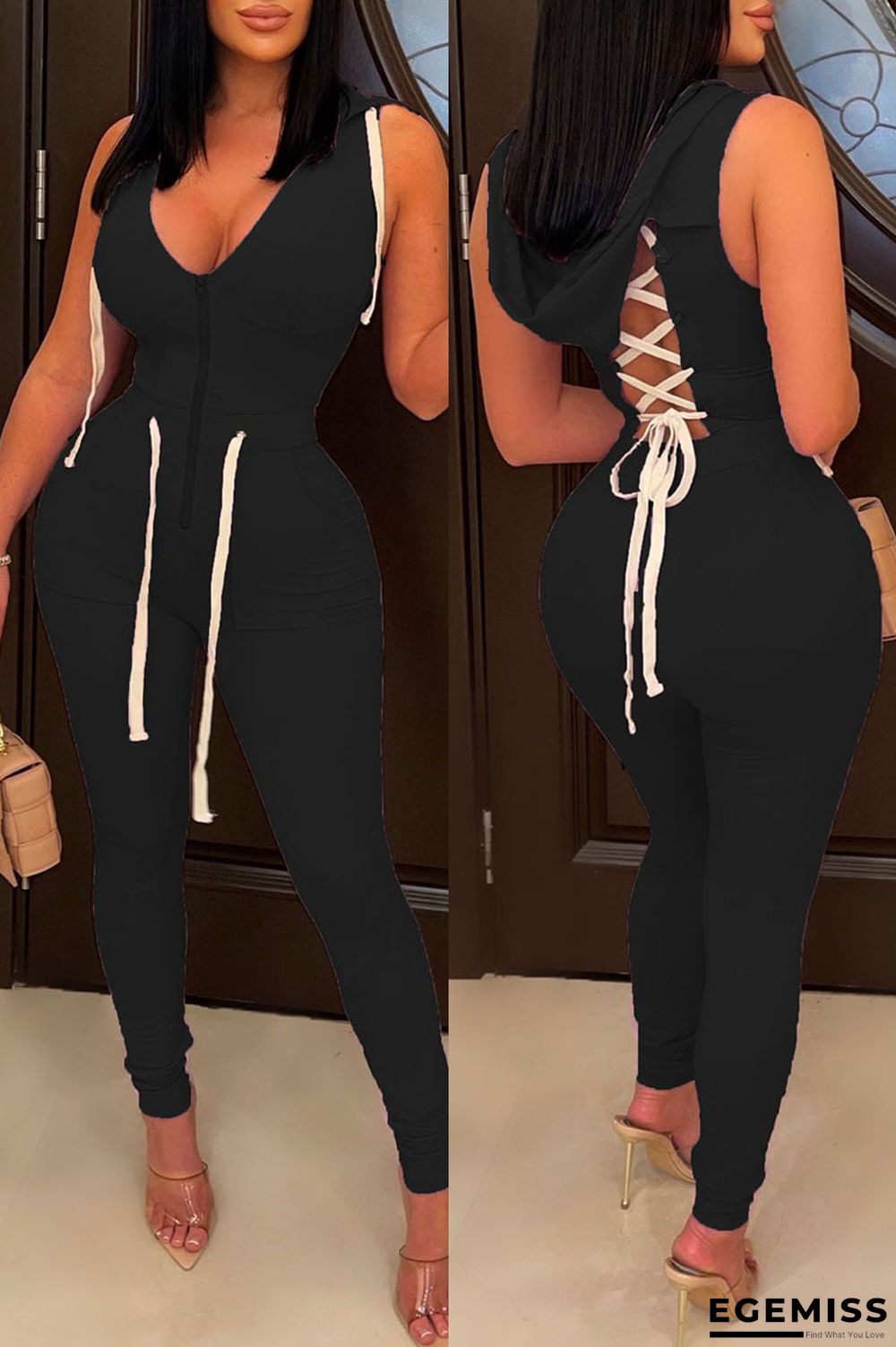 Black Casual Solid Bandage Patchwork Backless Zipper Hooded Collar Skinny Jumpsuits | EGEMISS
