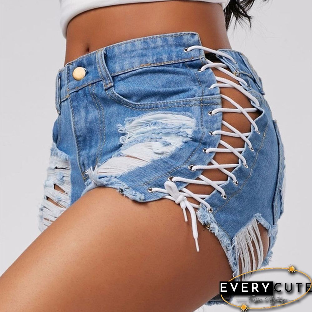 Sexy Summer Women Denim Shorts Blue High Waist Ripped Short Jeans Femme Tassel Lace Up Bandage Shorts