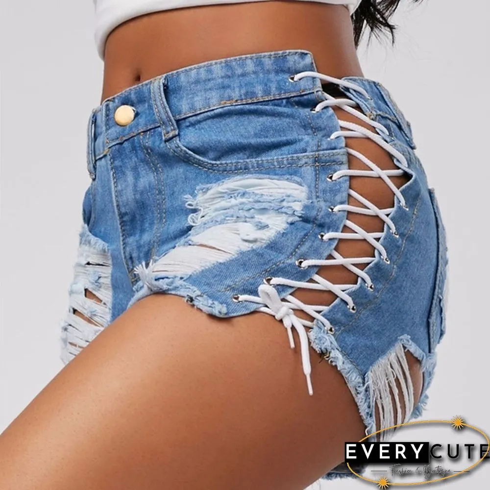 Sexy Summer Women Denim Shorts Blue High Waist Ripped Short Jeans Femme Tassel Lace Up Bandage Shorts
