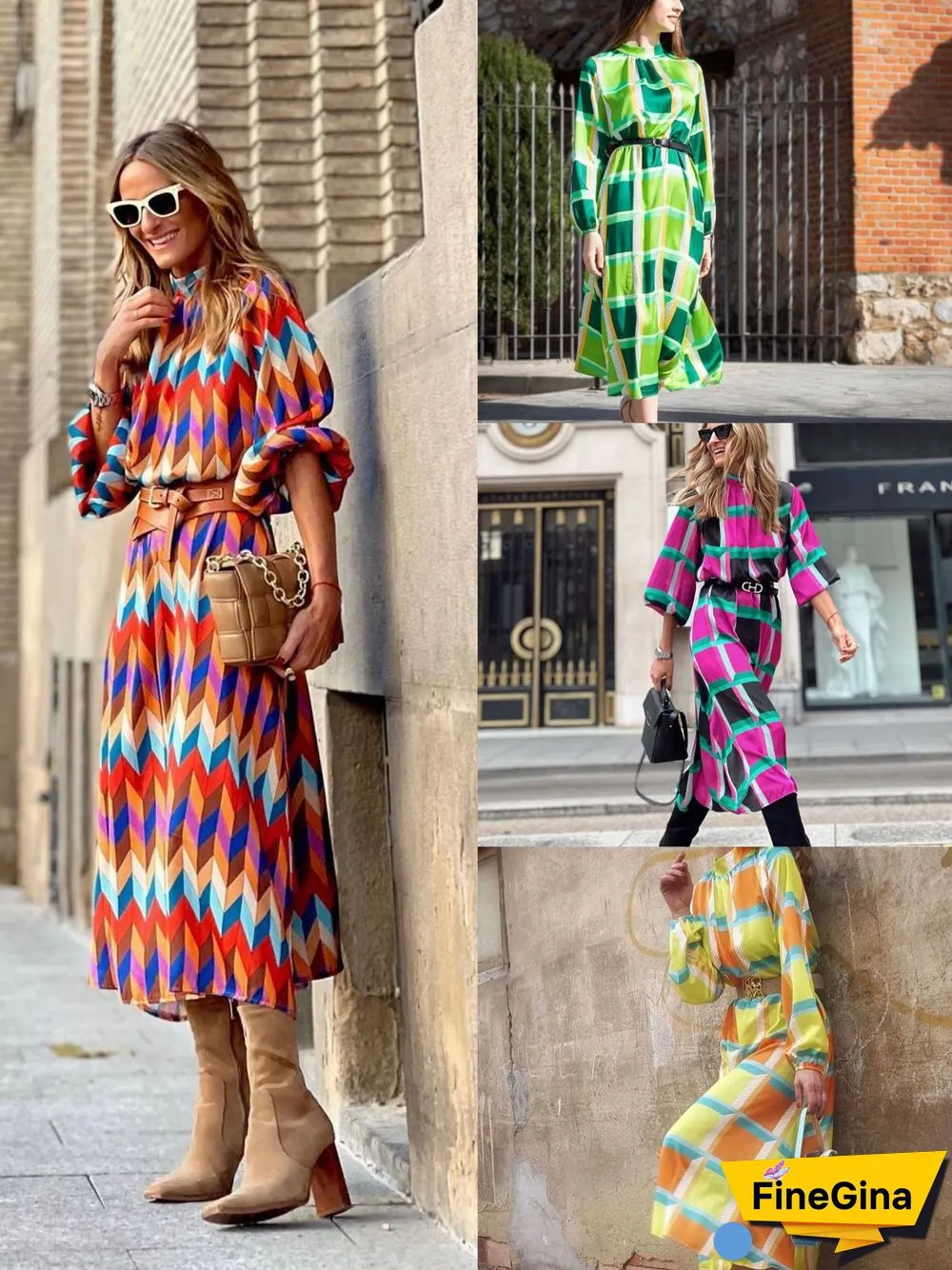 Sleeve Print Waist A-shaped Dress Plus Size Ladies Dress