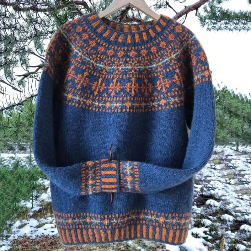 Unisex Vintage Icelandic Blue Knit Jacquard Warmth Crew Neck Sweater