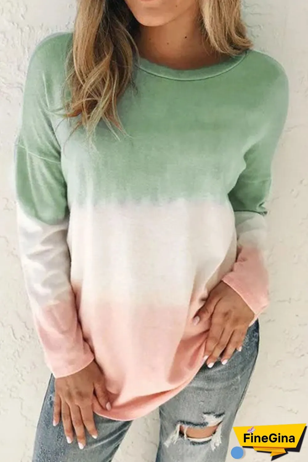 Fashion Sweet Gradual Change O Neck Tops(6 Colors)